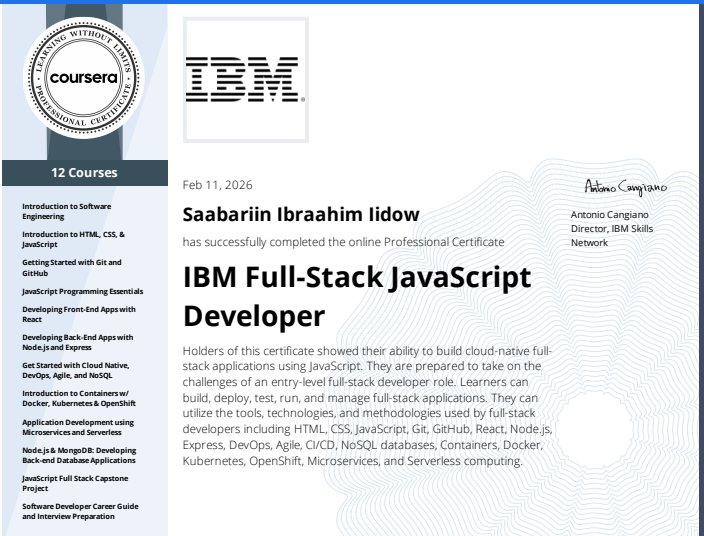 IBM Full-Stack JavaScript
Developer Certificate